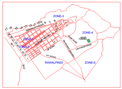 Figure 1. Master Plan of Islamabad showing the location of recognized katchiabadisin Islamabad.