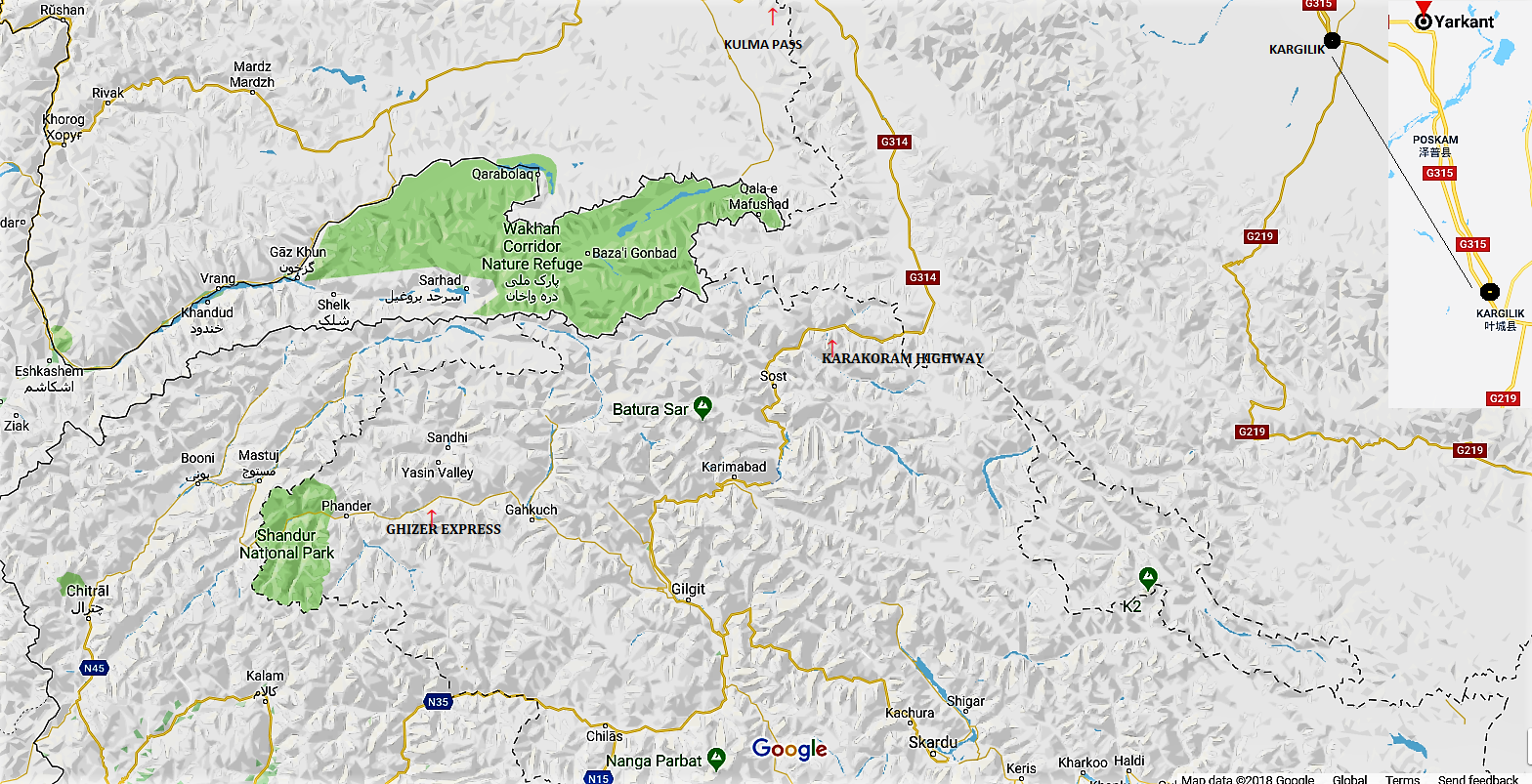 Map 2. Kulma Pass, Karakoram Highway, Ghizer Express, Yarkant- Skardu, Wakhan Corridor