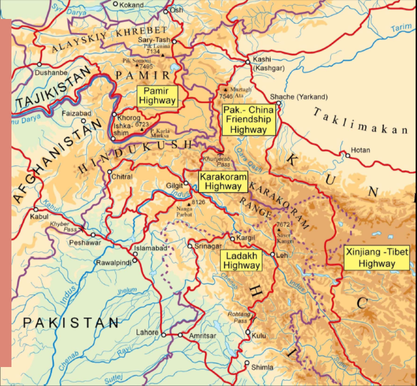 Map 1: Linkages of KKH with highways in China and Tajikistan.